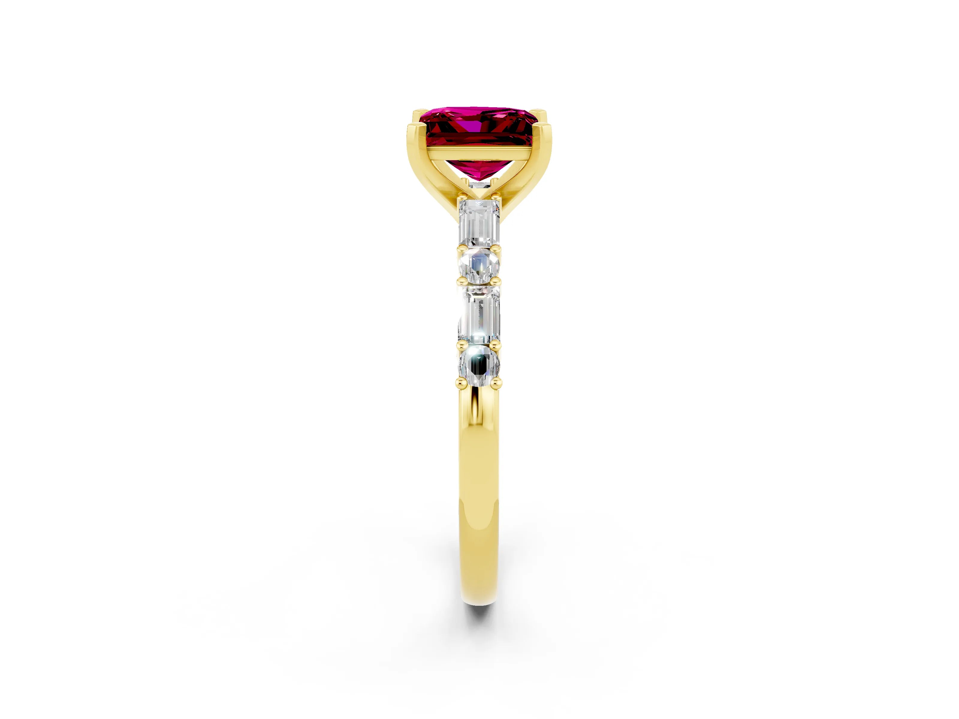 Yellow gold Princess Cut Garnet Solitaire with Side Baguettes and Channel Set Band_2