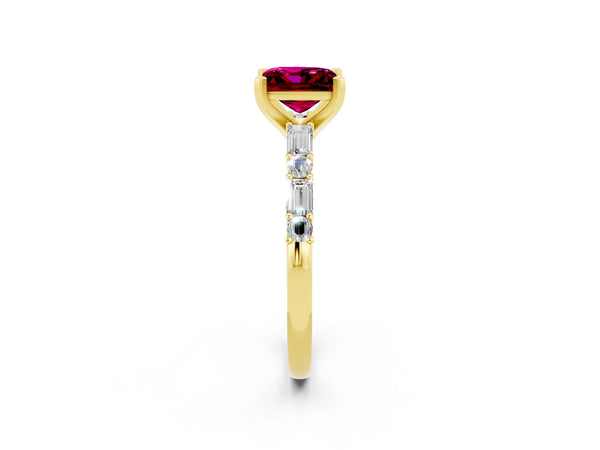 Yellow gold Princess Cut Garnet Solitaire with Side Baguettes and Channel Set Band