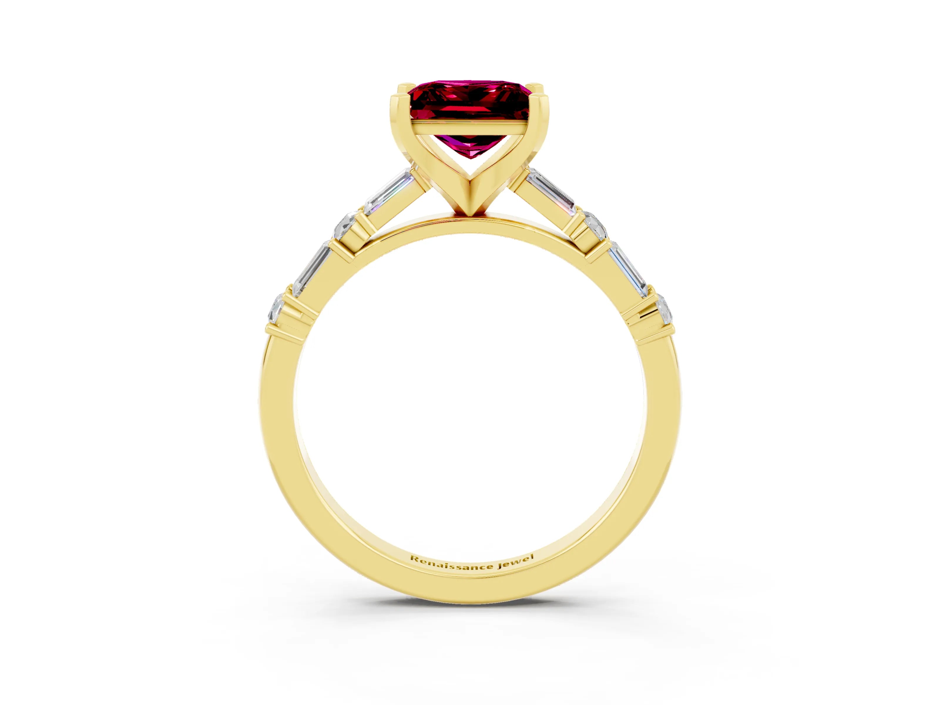 Yellow gold Princess Cut Garnet Solitaire with Side Baguettes and Channel Set Band_3