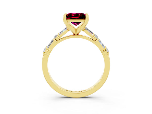 Yellow gold Princess Cut Garnet Solitaire with Side Baguettes and Channel Set Band