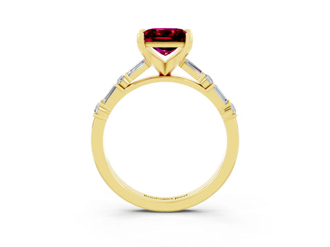 Yellow gold Princess Cut Garnet Solitaire with Side Baguettes and Channel Set Band_3