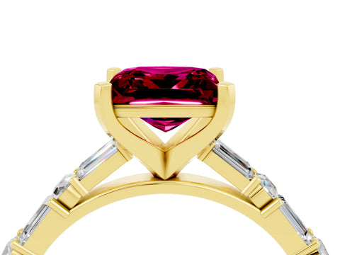 Yellow gold Princess Cut Garnet Solitaire with Side Baguettes and Channel Set Band_4