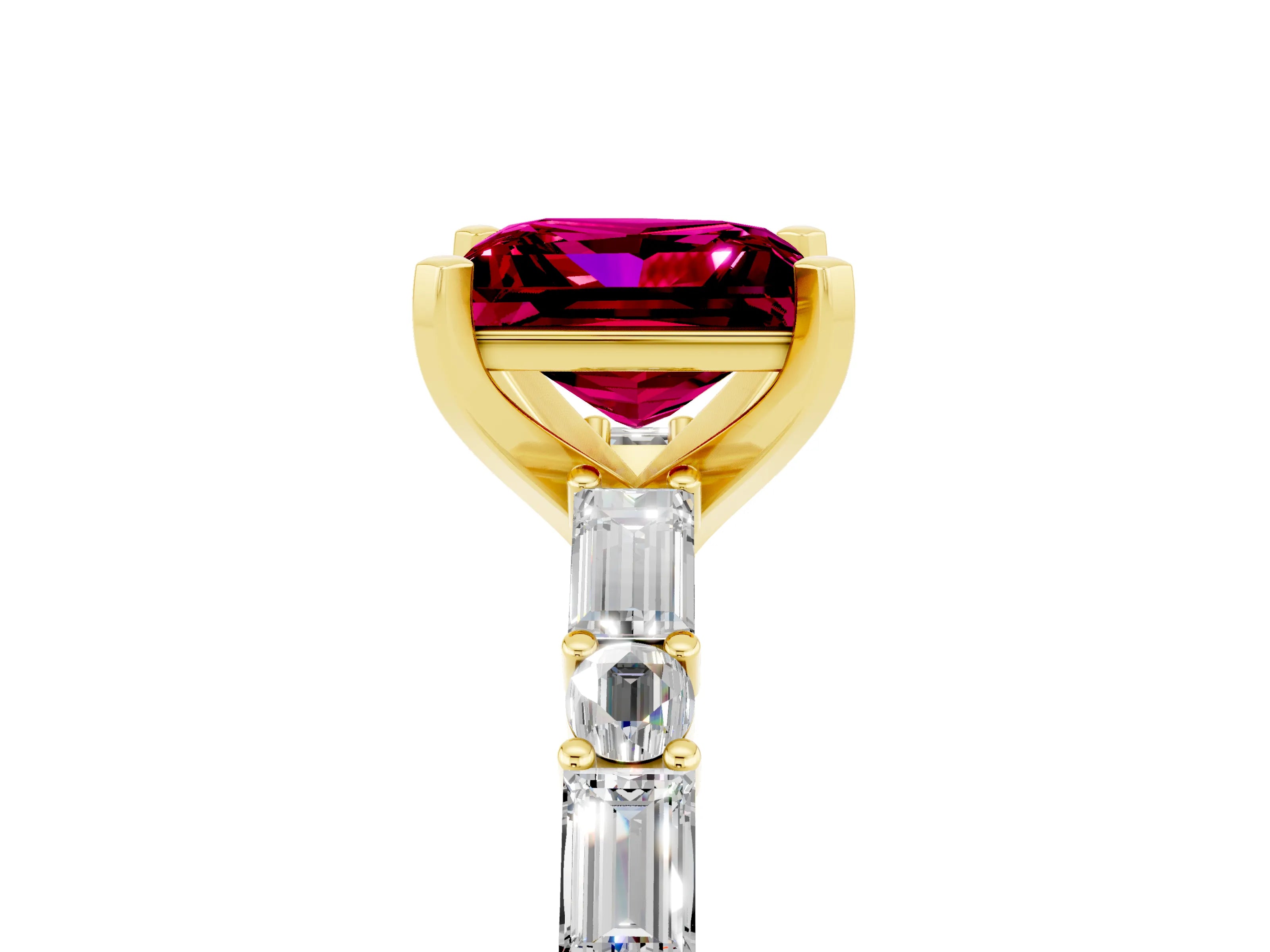 Yellow gold Princess Cut Garnet Solitaire with Side Baguettes and Channel Set Band_5
