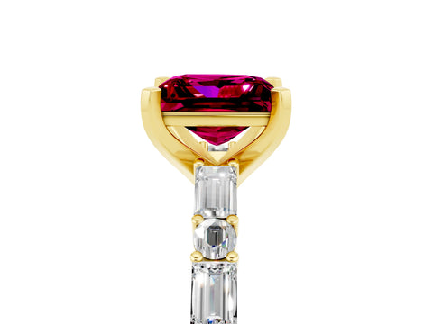 Yellow gold Princess Cut Garnet Solitaire with Side Baguettes and Channel Set Band_5