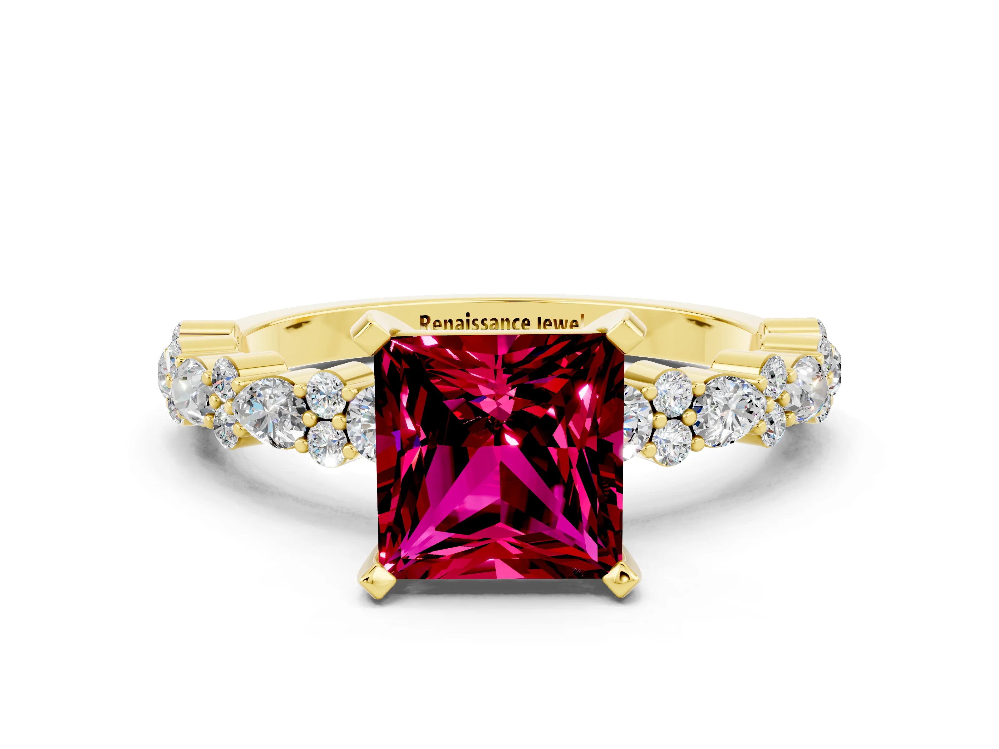 Yellow gold Princess Cut Garnet Solitaire with Side Stones, Pave Band, Four-Prong Setting_36