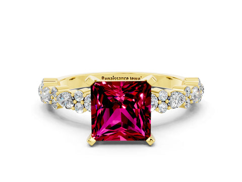 Yellow gold Princess Cut Garnet Solitaire with Side Stones, Pave Band, Four-Prong Setting_36
