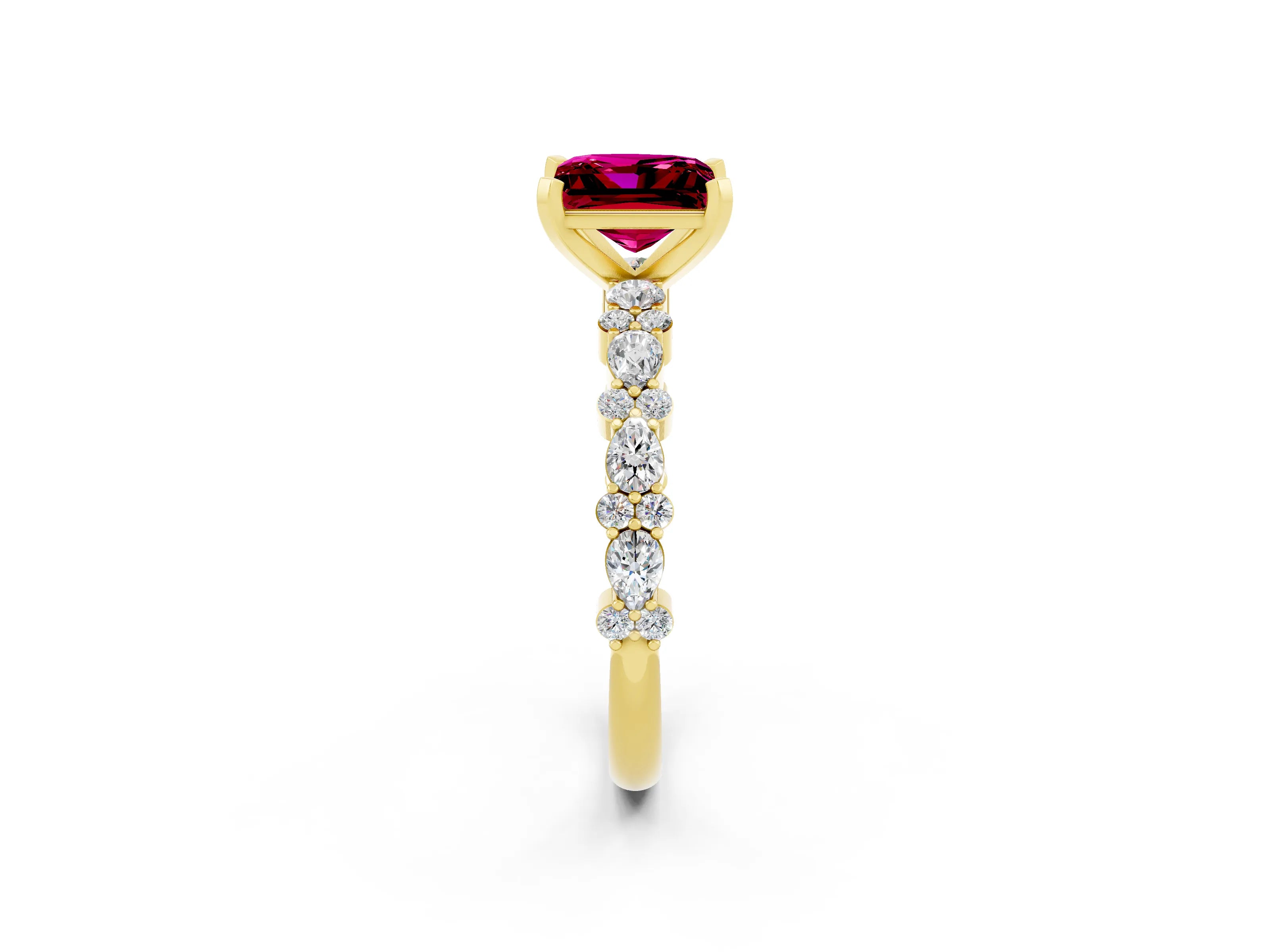 Yellow gold Princess Cut Garnet Solitaire with Side Stones, Pave Band, Four-Prong Setting_38