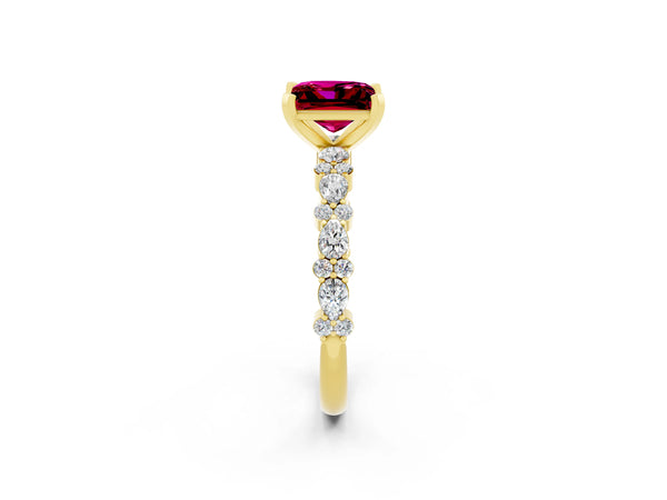 Yellow gold Princess Cut Garnet Side Stone Solitaire Ring with Round  and Four-Prong Setting
