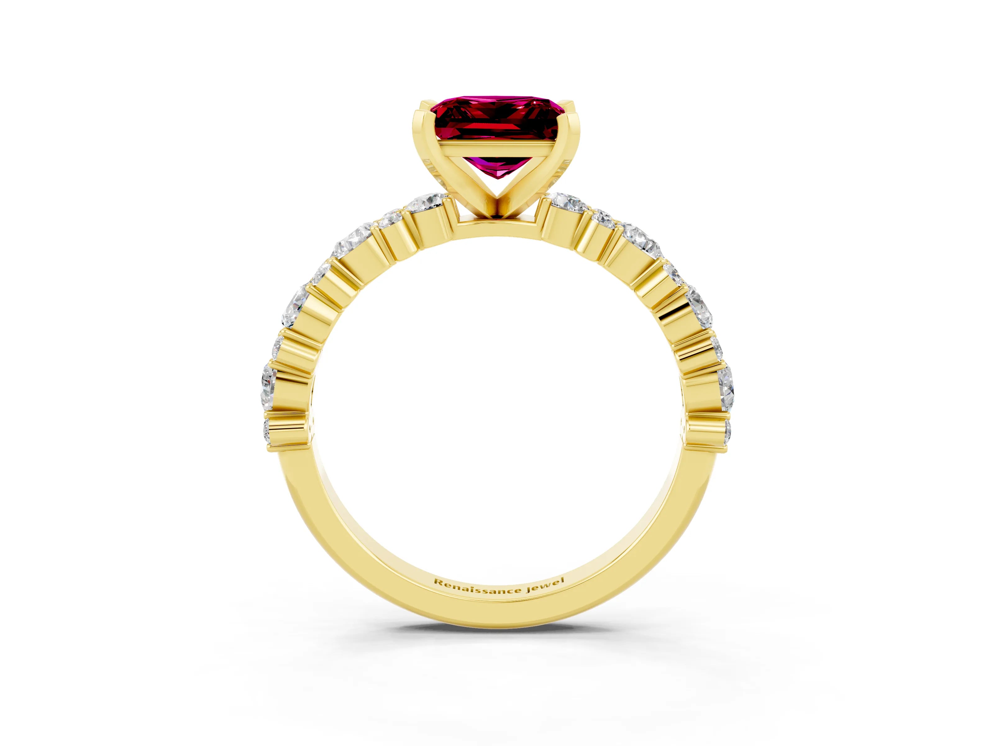 Yellow gold Princess Cut Garnet Solitaire with Side Stones, Pave Band, Four-Prong Setting_39