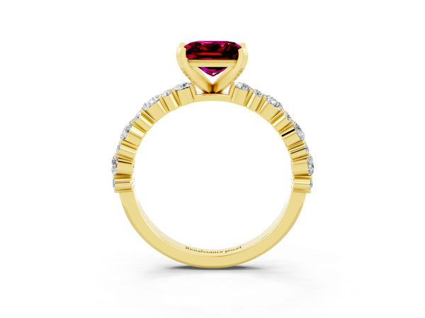Yellow gold Princess Cut Garnet Side Stone Solitaire Ring with Round  and Four-Prong Setting