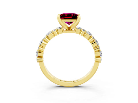Yellow gold Princess Cut Garnet Solitaire with Side Stones, Pave Band, Four-Prong Setting_39