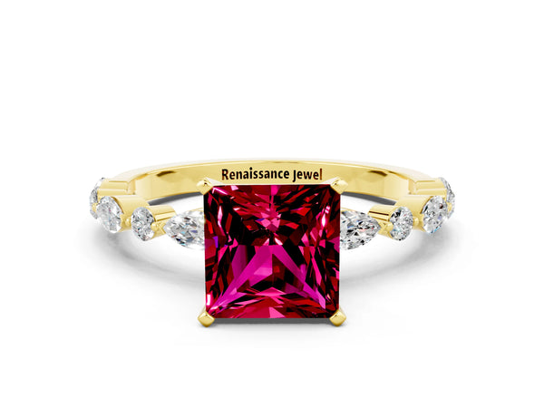 Yellow gold Princess Cut Garnet Ring with Marquise and Round  Side Stones and Four-Prong Setting