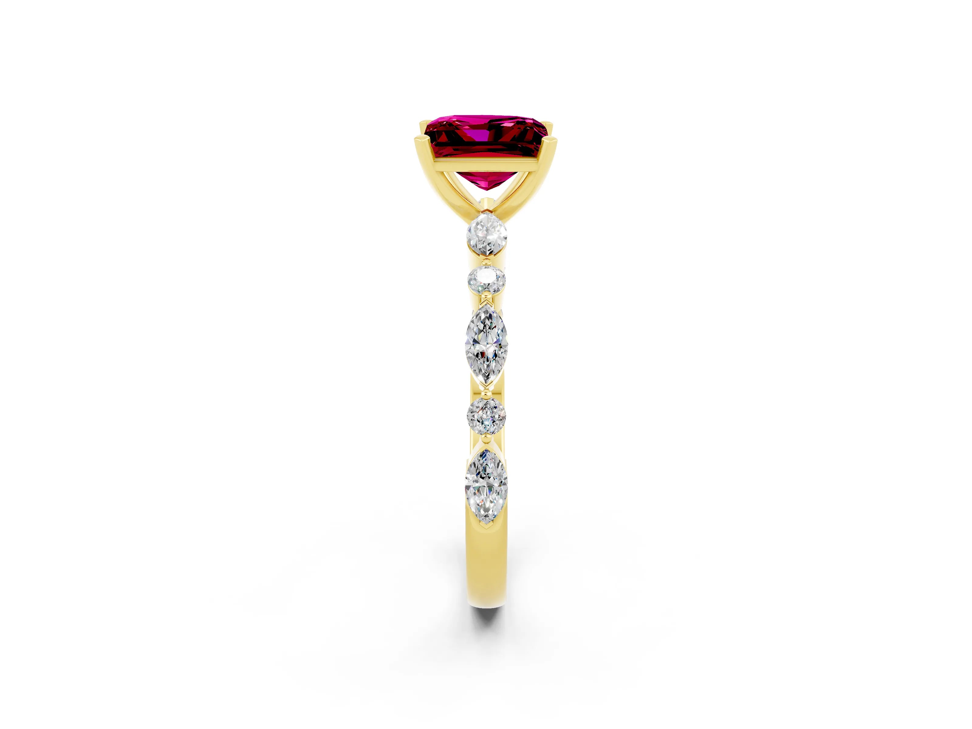 Yellow gold Princess Cut Garnet Solitaire with Side Stones on a Pavé Band and Four-Prong Setting_2