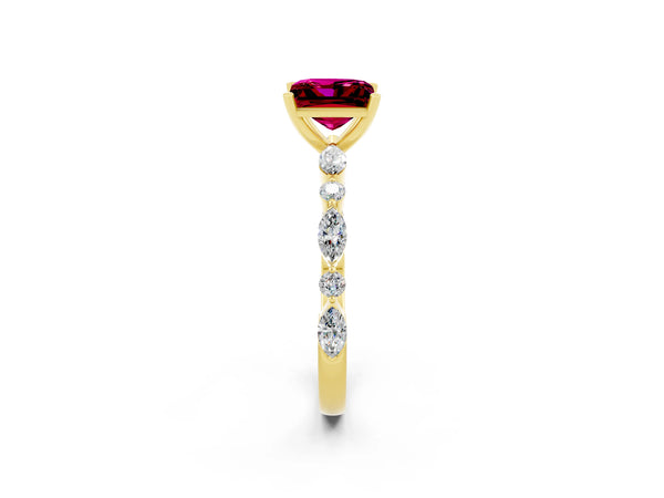 Yellow gold Princess Cut Garnet Ring with Marquise and Round  Side Stones and Four-Prong Setting