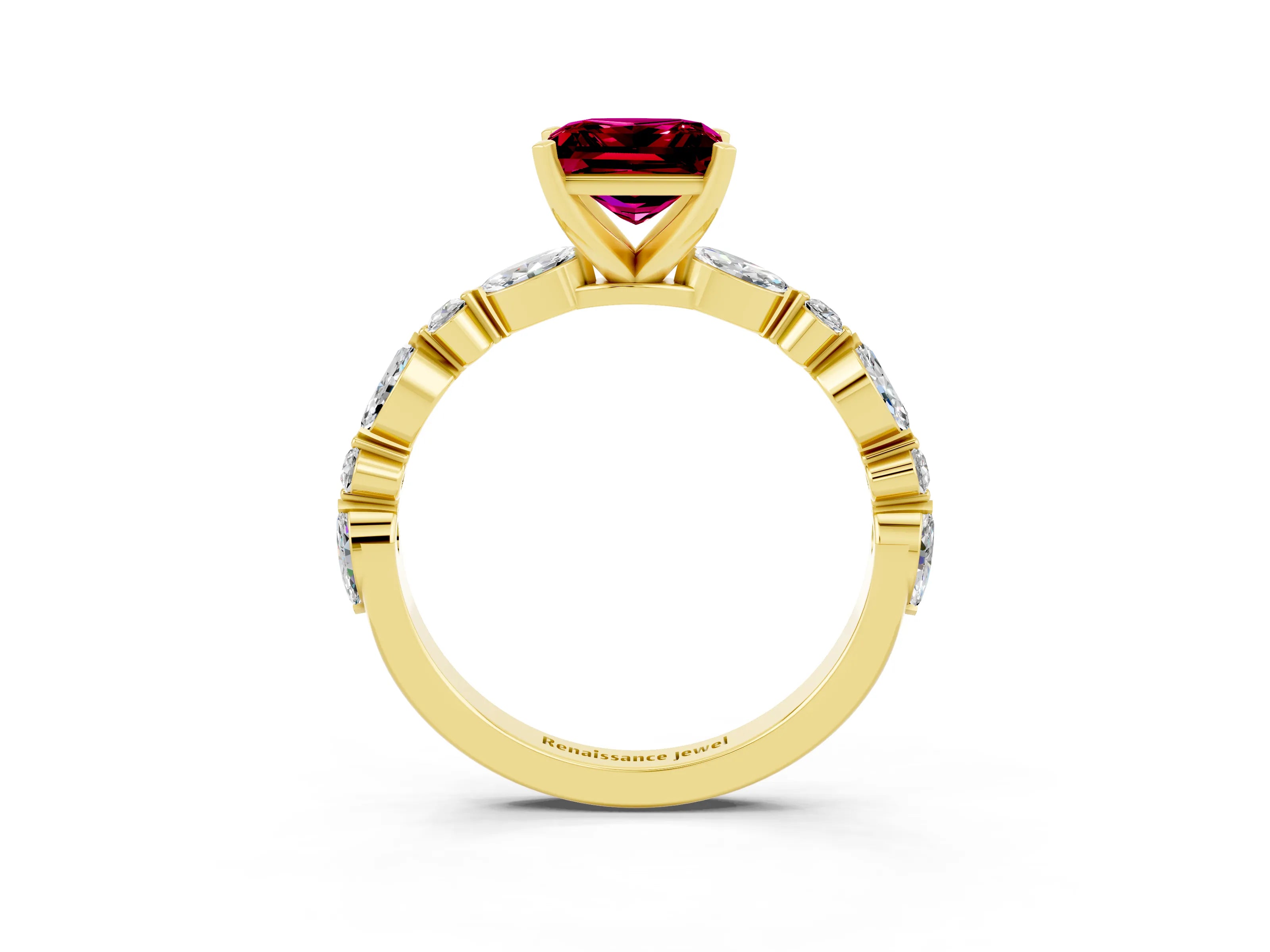 Yellow gold Princess Cut Garnet Solitaire with Side Stones on a Pavé Band and Four-Prong Setting_3