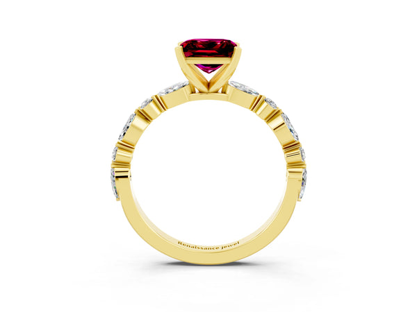 Yellow gold Princess Cut Garnet Ring with Marquise and Round  Side Stones and Four-Prong Setting
