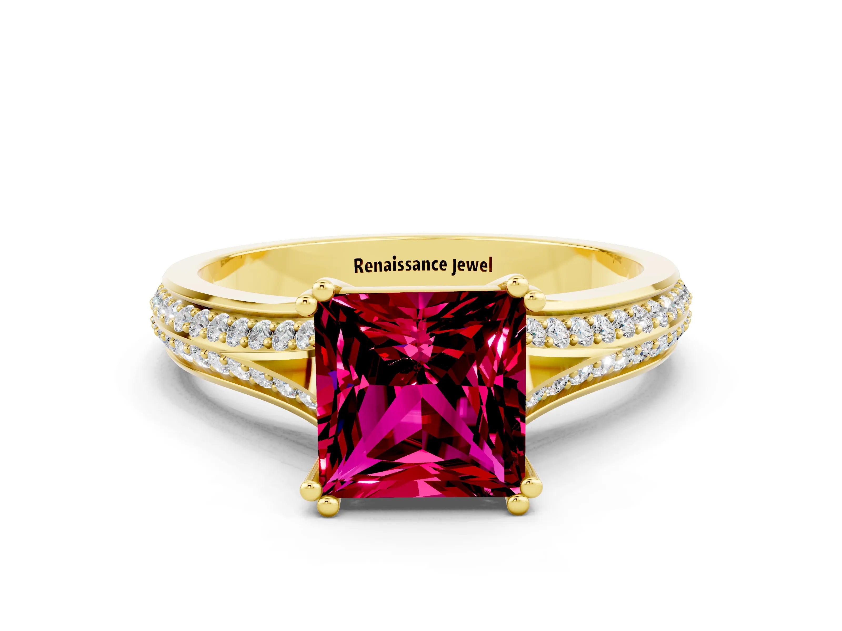 Yellow gold Princess Cut Garnet Split Shank Engagement Ring with Pavé Band