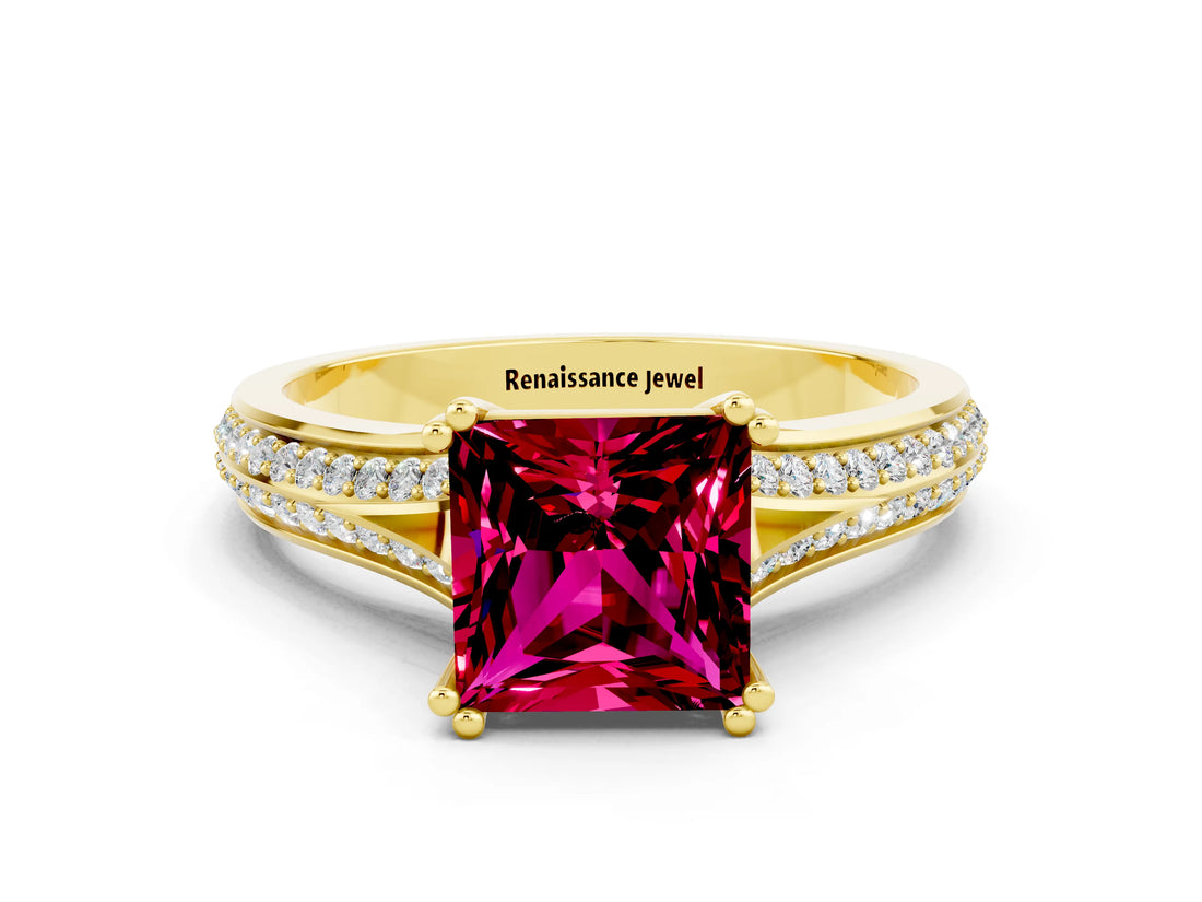 Yellow gold Princess Cut Garnet Split Shank Engagement Ring with Pavé Band