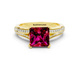 Yellow gold Princess Cut Garnet Split Shank Engagement Ring with Pavé Band