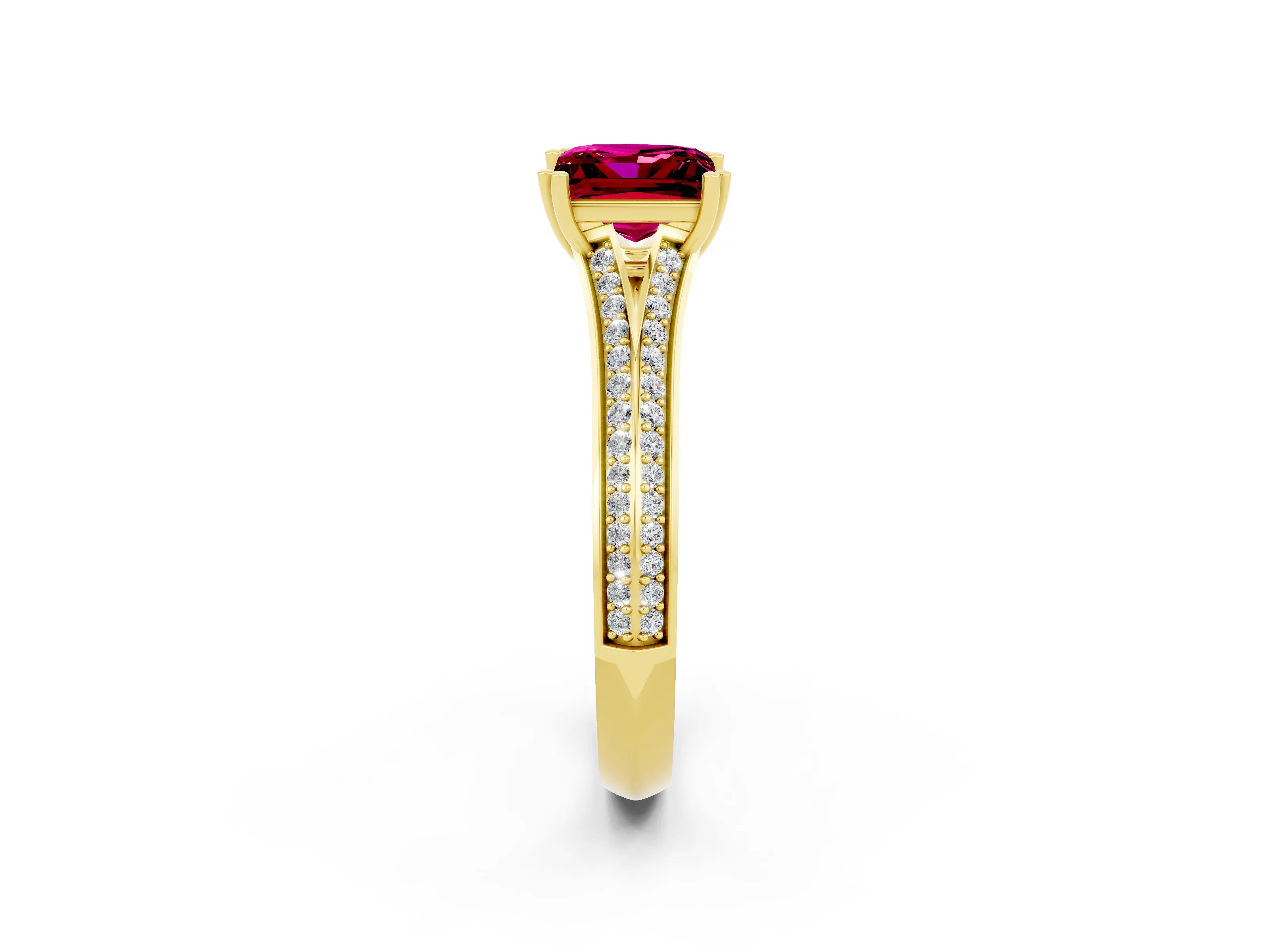 Yellow gold Princess Cut Garnet Split Shank Engagement Ring with Pavé Band_2