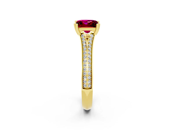 Yellow gold Princess Cut Garnet Split Shank Engagement Ring with Pavé Band