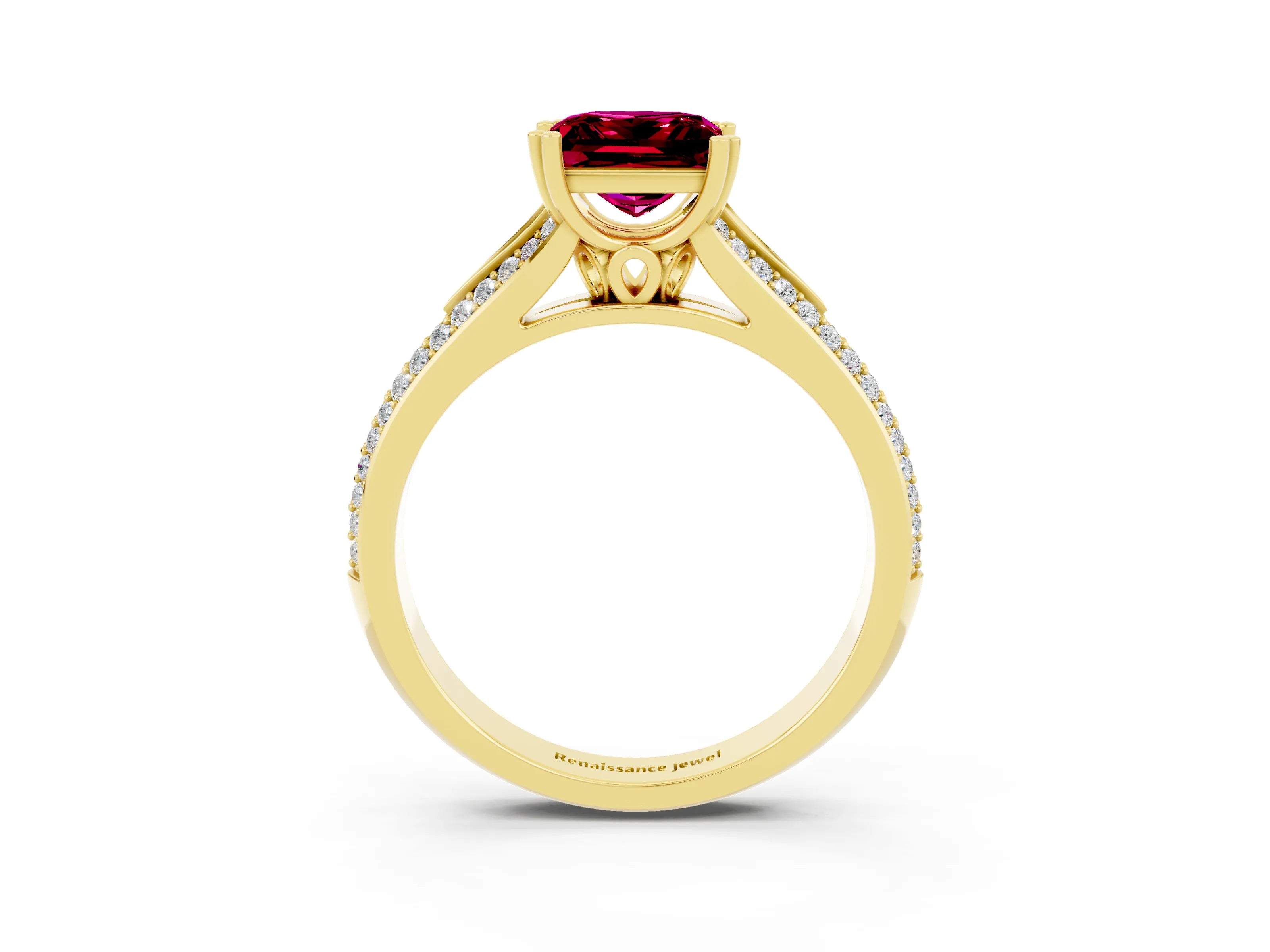 Yellow gold Princess Cut Garnet Split Shank Engagement Ring with Pavé Band_3