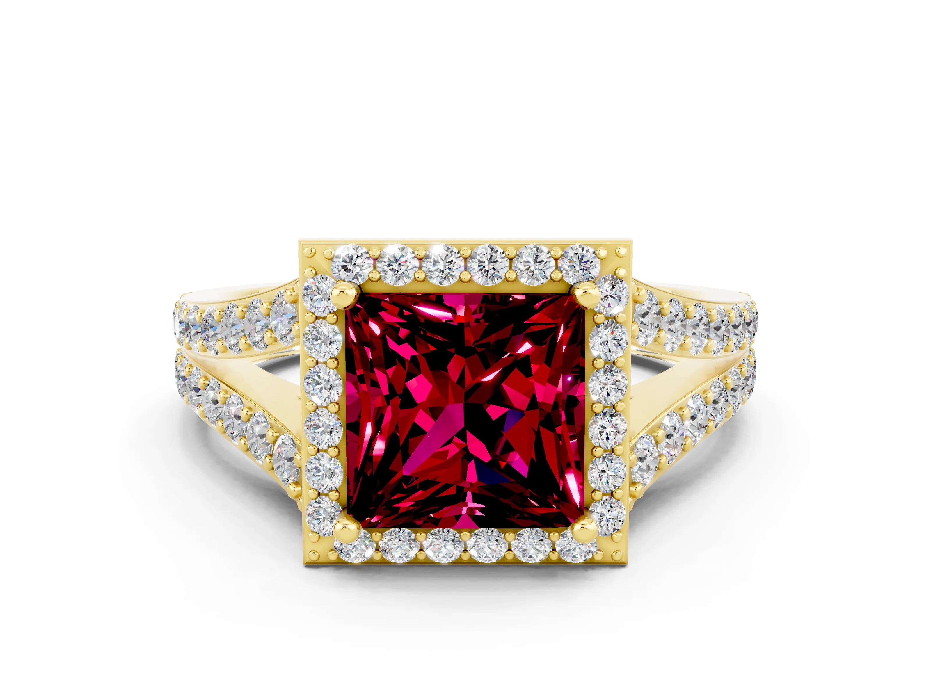 Yellow gold Princess Cut Garnet Split Shank Halo Ring with Four-Prong Setting_12
