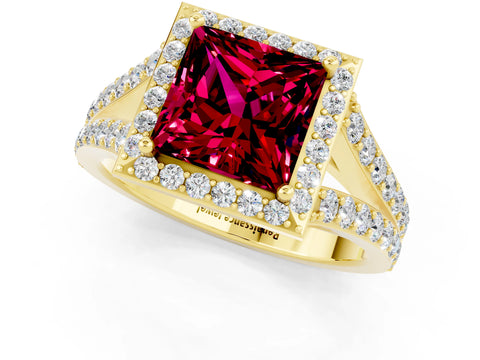 Yellow gold Princess Cut Garnet Split Shank Halo Ring with Four-Prong Setting_13