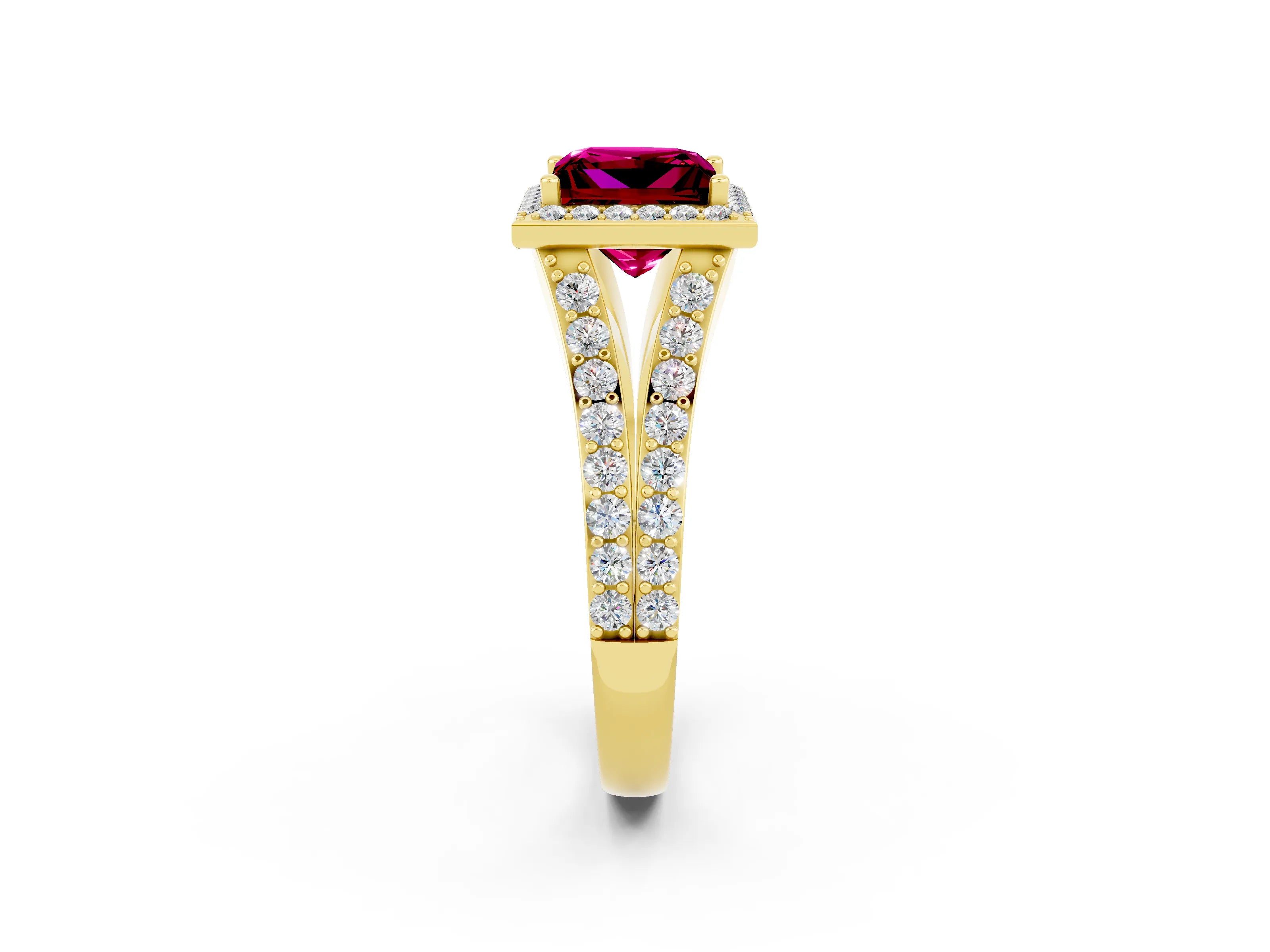 Yellow gold Princess Cut Garnet Split Shank Halo Ring with Four-Prong Setting_14