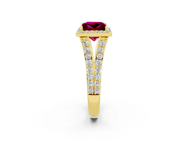 Yellow gold Princess Cut Garnet Split Shank Halo Ring with Four-Prong Setting