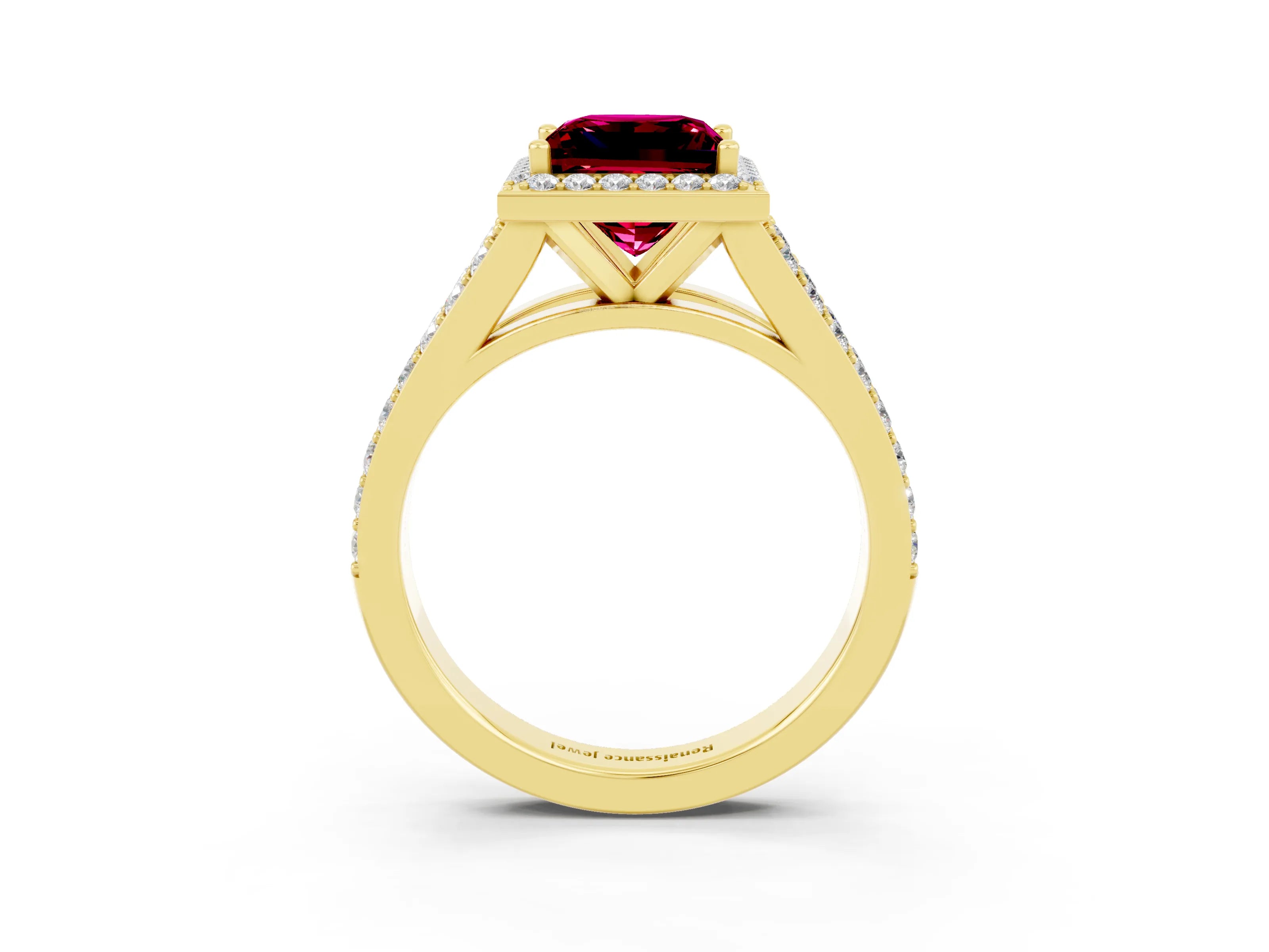 Yellow gold Princess Cut Garnet Split Shank Halo Ring with Four-Prong Setting_15