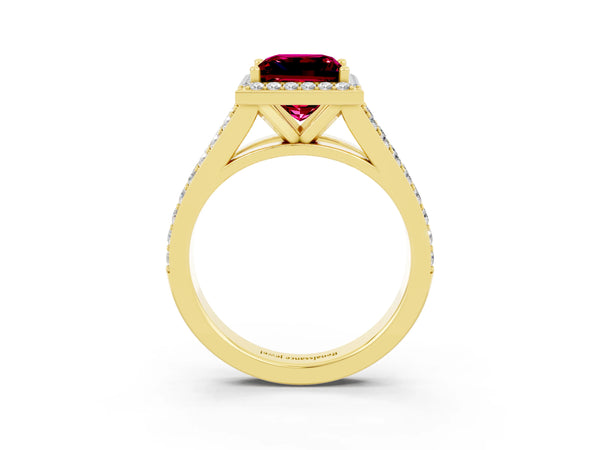 Yellow gold Princess Cut Garnet Split Shank Halo Ring with Four-Prong Setting