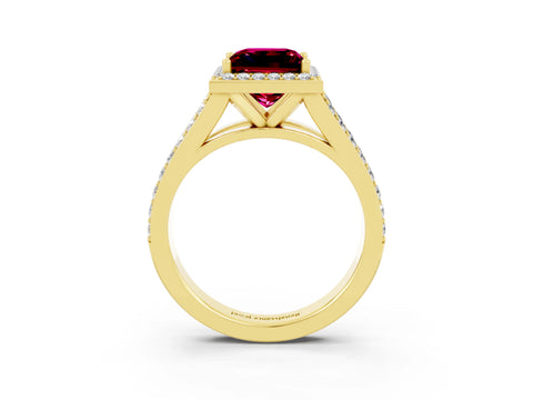 Yellow gold Princess Cut Garnet Split Shank Halo Ring with Four-Prong Setting_15