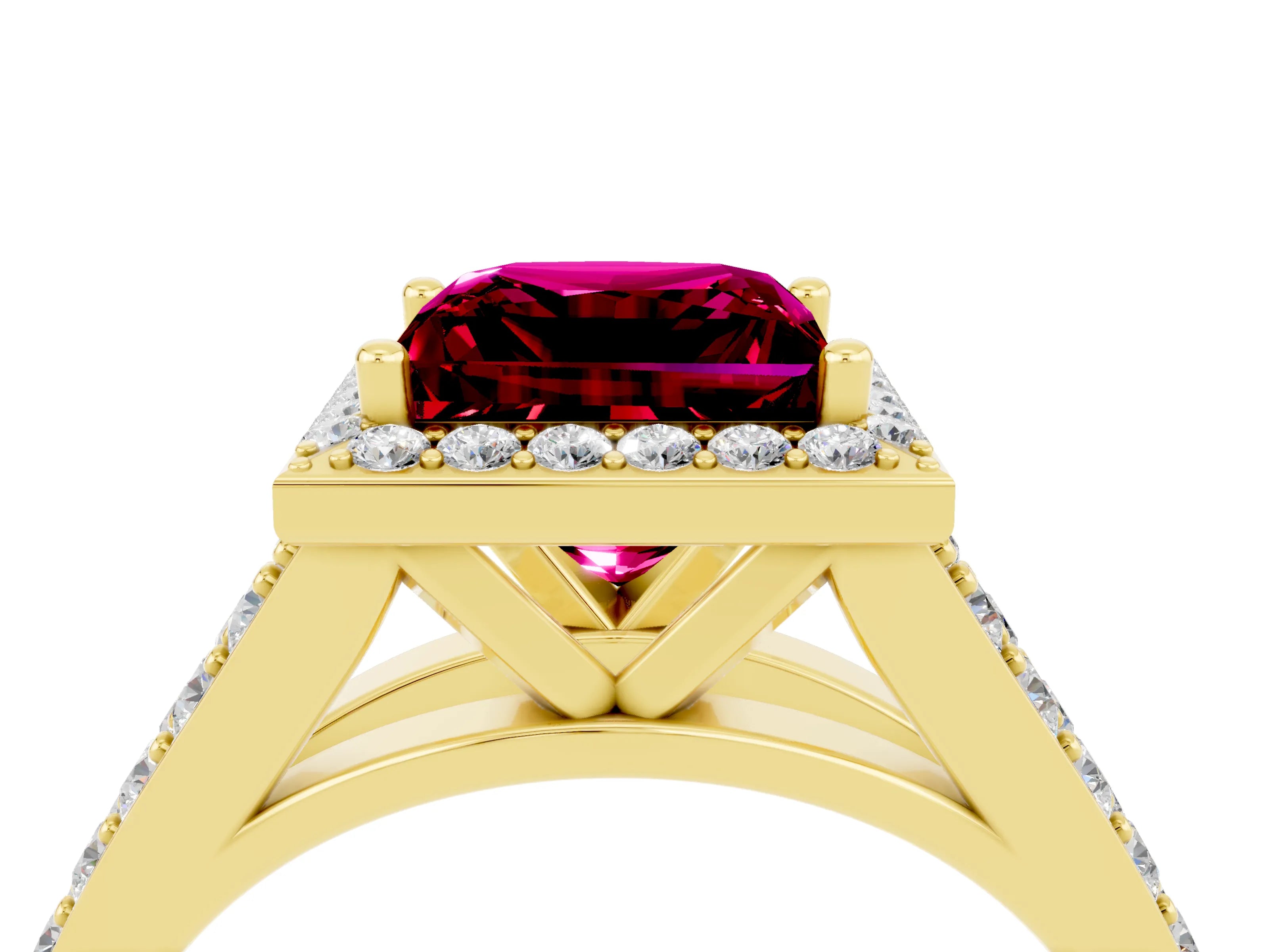 Yellow gold Princess Cut Garnet Split Shank Halo Ring with Four-Prong Setting_16