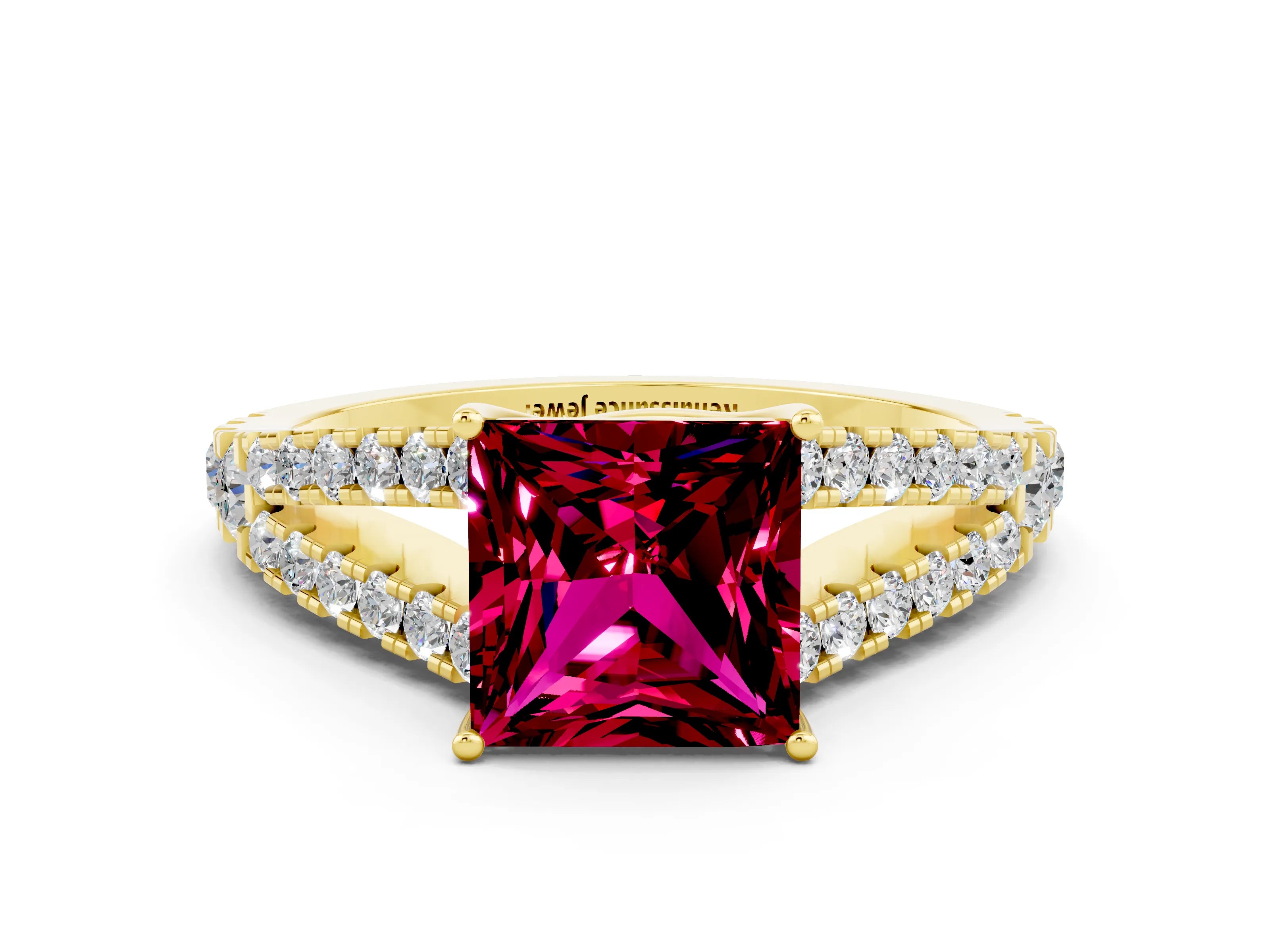Yellow gold Princess Cut Garnet Split Shank Pavé Engagement Ring with Four-Prong Setting_12