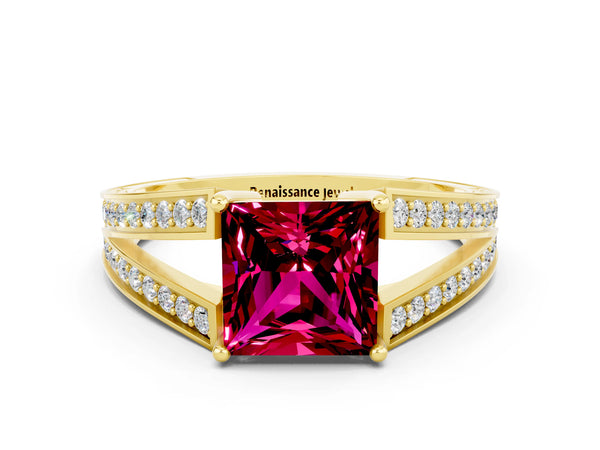 Yellow gold Princess Cut Garnet Split Shank Ring with Pavé Band and Four-Prong Setting