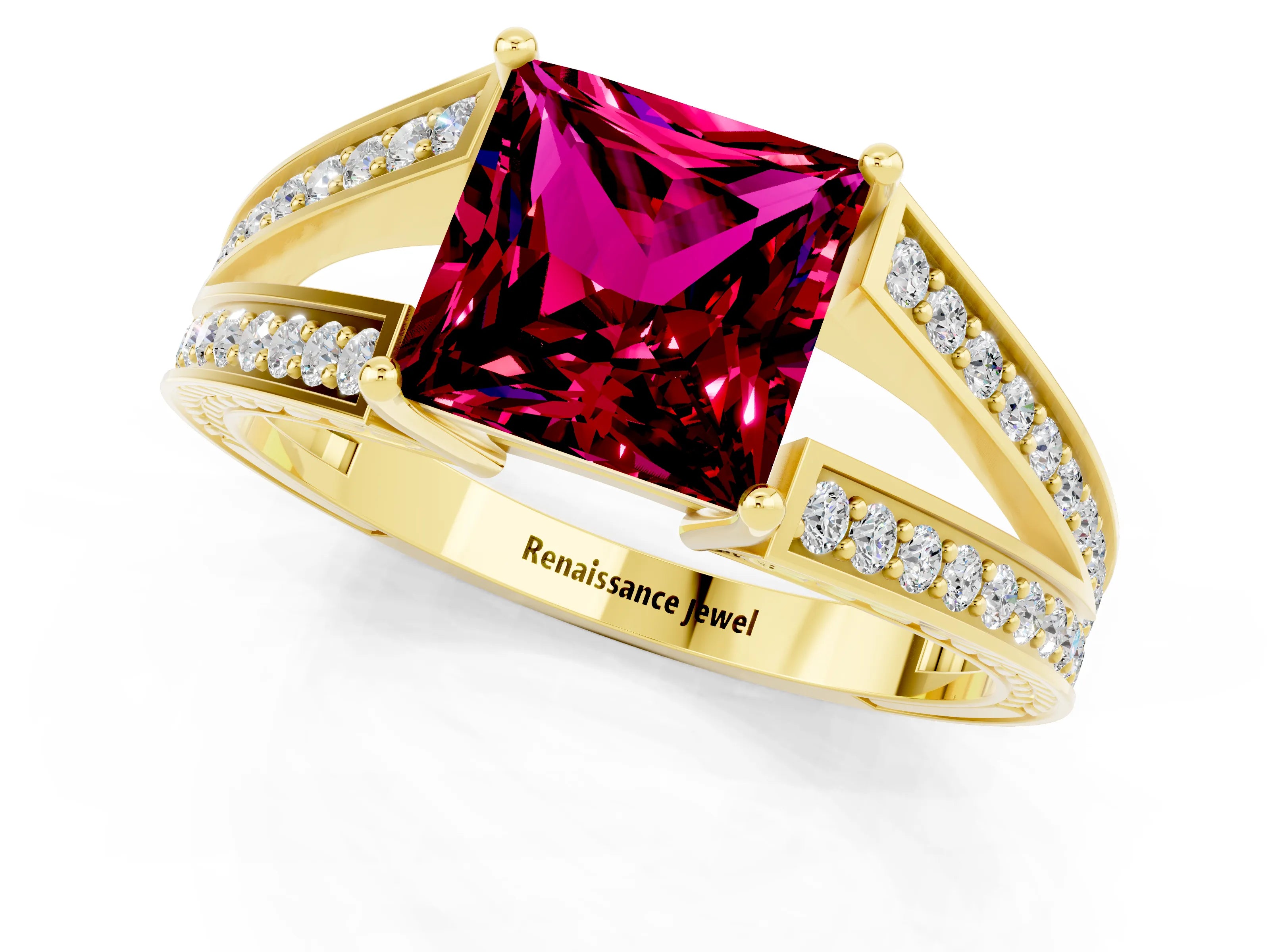 Yellow gold Princess Cut Garnet Split Shank Ring with Pavé Band and Four-Prong Setting_1