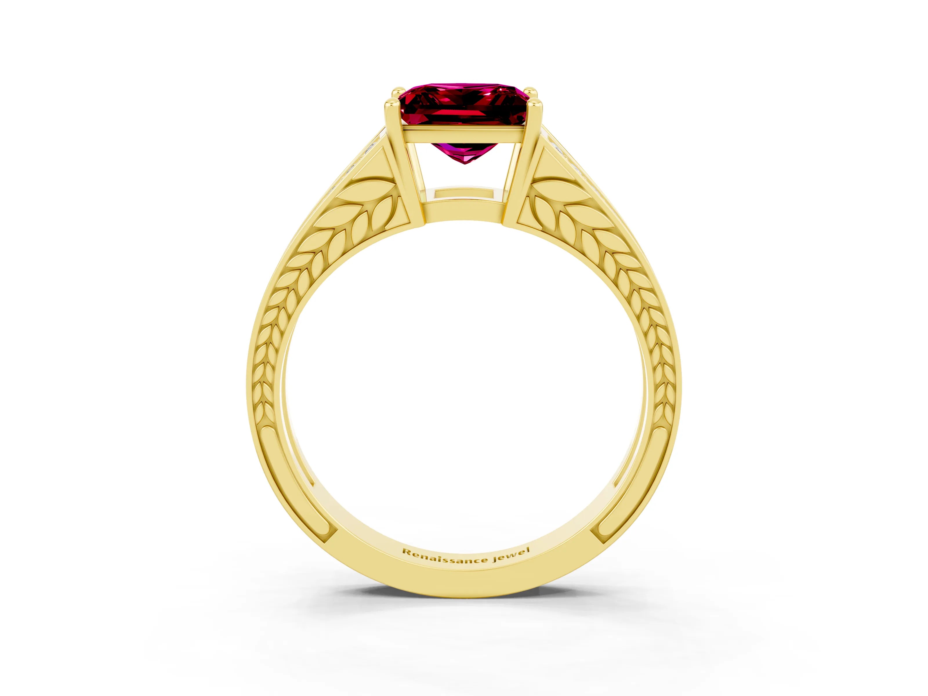 Yellow gold Princess Cut Garnet Split Shank Ring with Pavé Band and Four-Prong Setting_3