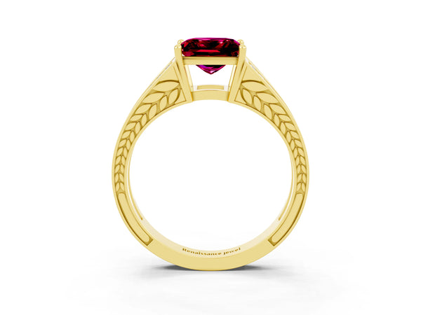 Yellow gold Princess Cut Garnet Split Shank Ring with Pavé Band and Four-Prong Setting