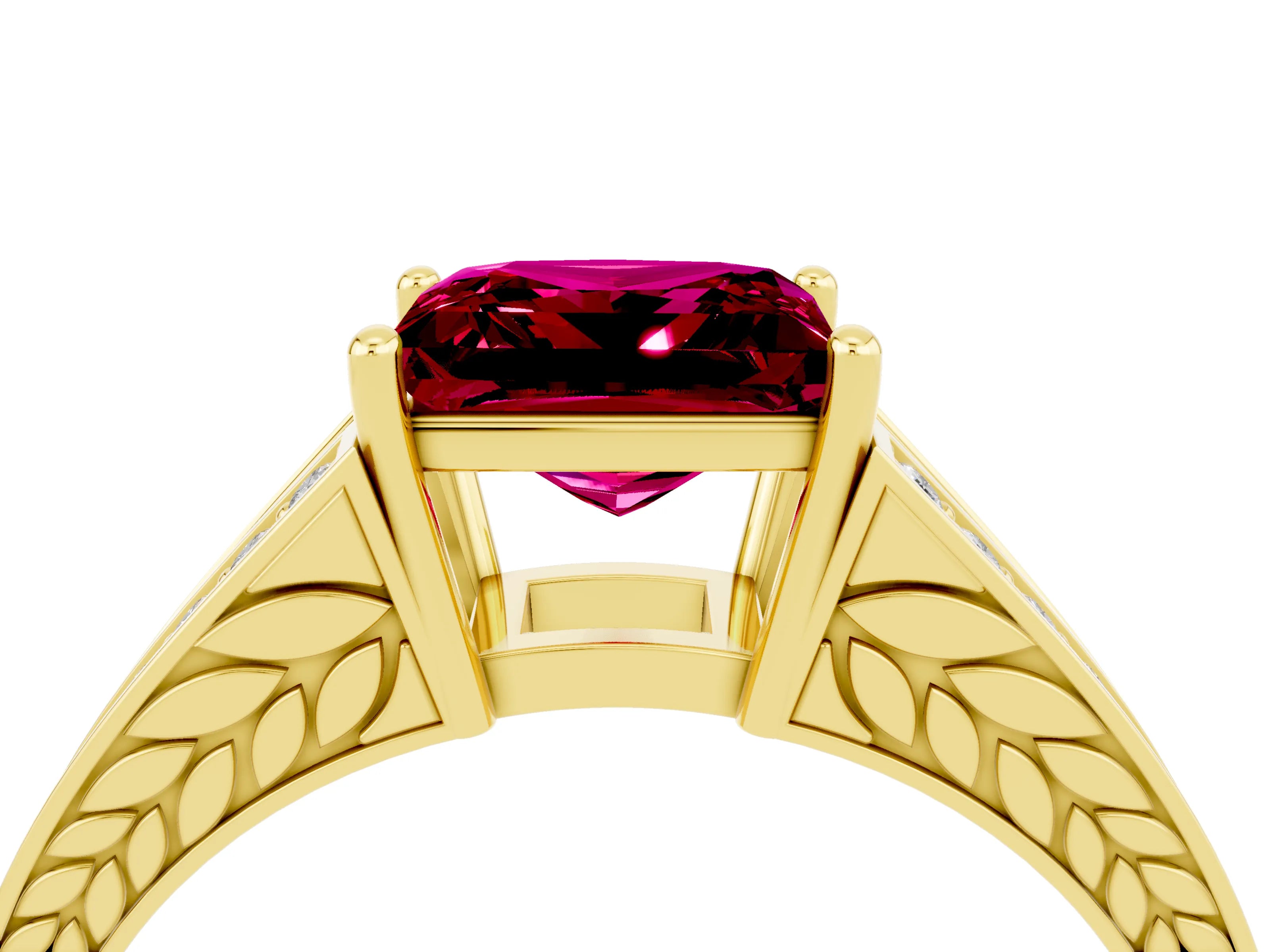 Yellow gold Princess Cut Garnet Split Shank Ring with Pavé Band and Four-Prong Setting_4