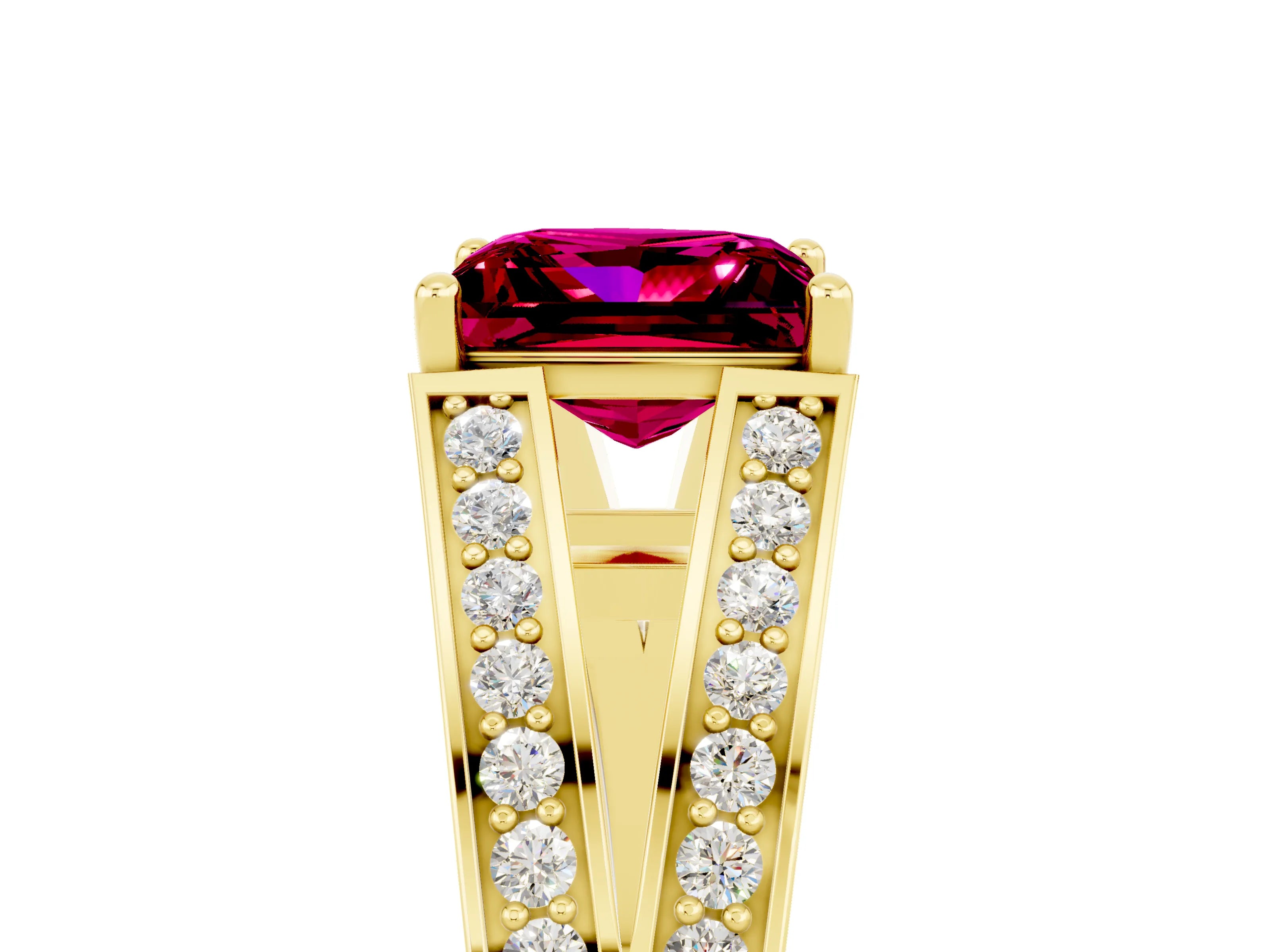 Yellow gold Princess Cut Garnet Split Shank Ring with Pavé Band and Four-Prong Setting_5