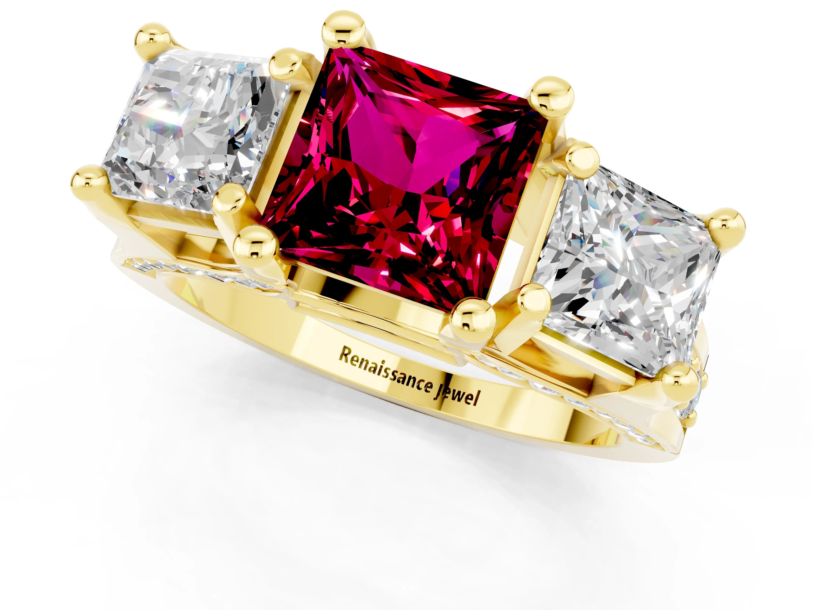 Yellow gold Princess Cut Garnet Three-Stone Ring with Channel Set Band and Four-Prong Setting_1
