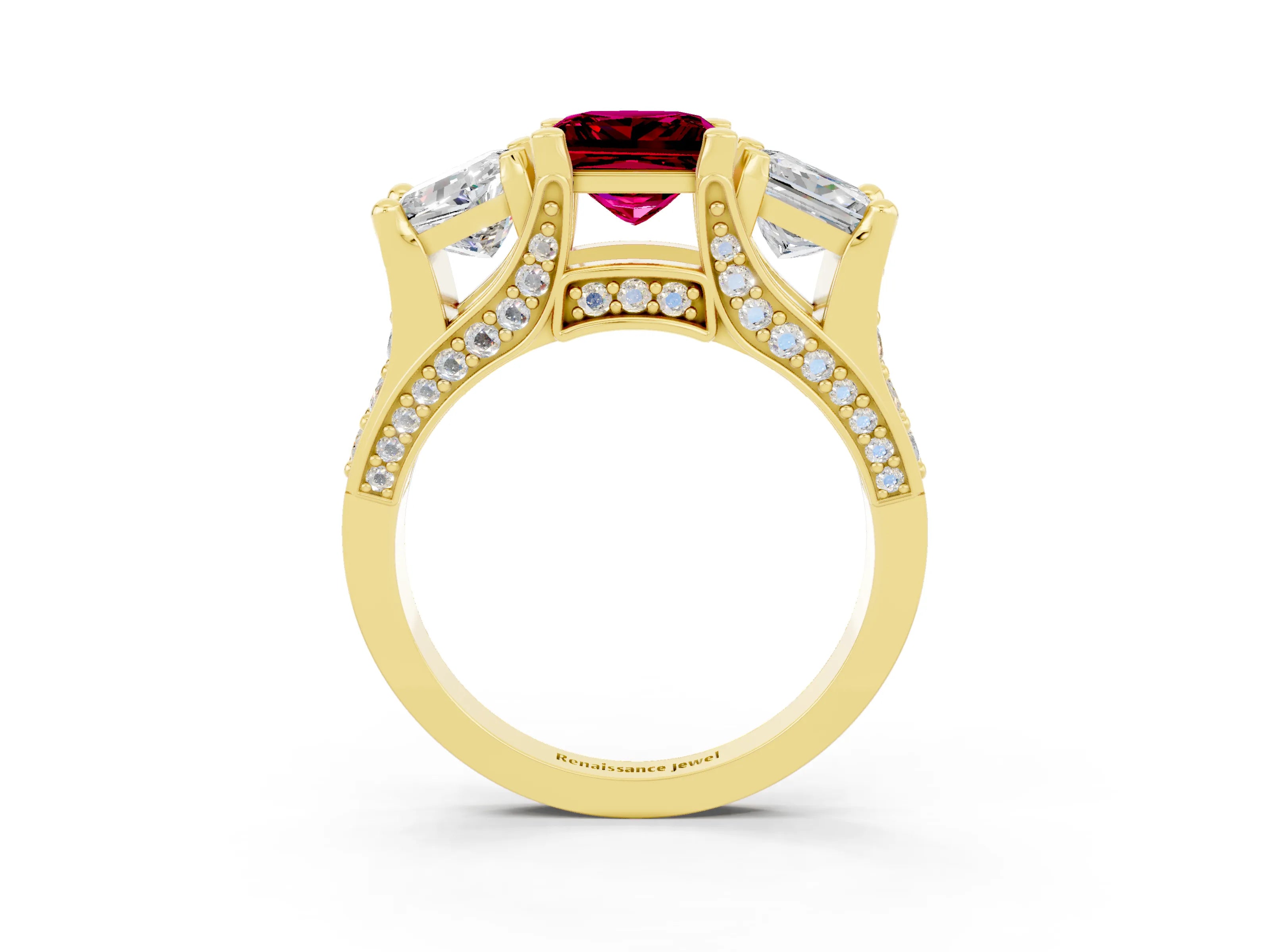 Yellow gold Princess Cut Garnet Three-Stone Ring with Channel Set Band and Four-Prong Setting_3