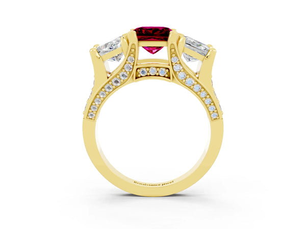 Yellow gold Princess Cut Garnet Three-Stone Ring with Channel Set Band and Four-Prong Setting