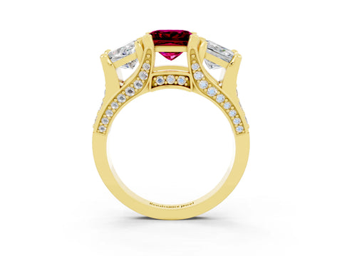 Yellow gold Princess Cut Garnet Three-Stone Ring with Channel Set Band and Four-Prong Setting_3