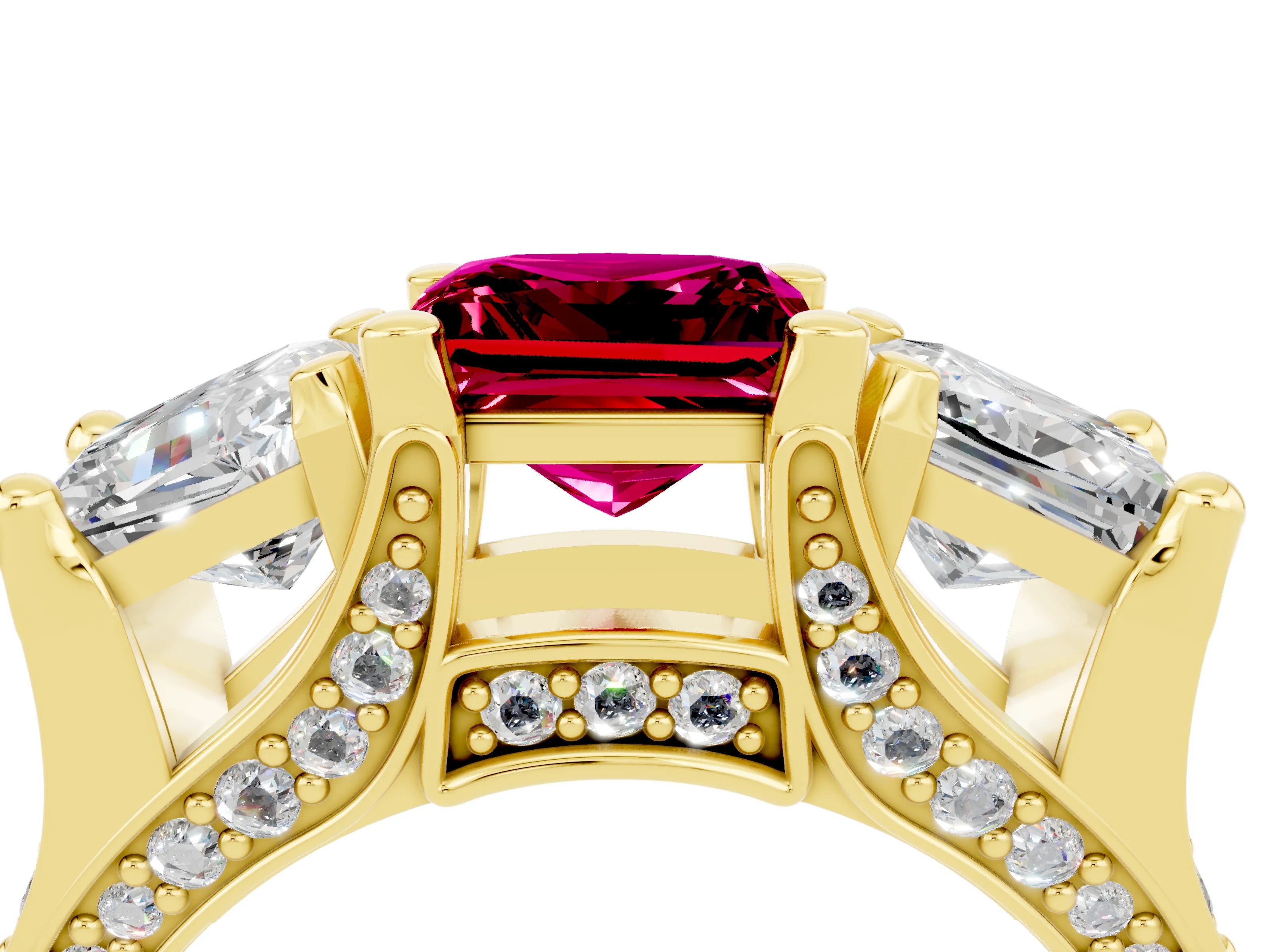 Yellow gold Princess Cut Garnet Three-Stone Ring with Channel Set Band and Four-Prong Setting_4