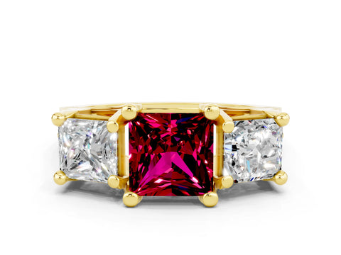 Yellow gold Princess Cut Garnet Three-Stone Ring with Channel Set Band and Four-Prong Setting