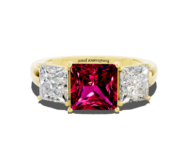 Yellow gold Princess Cut Garnet Three-Stone Ring with Four-Prong Setting and Classic Band