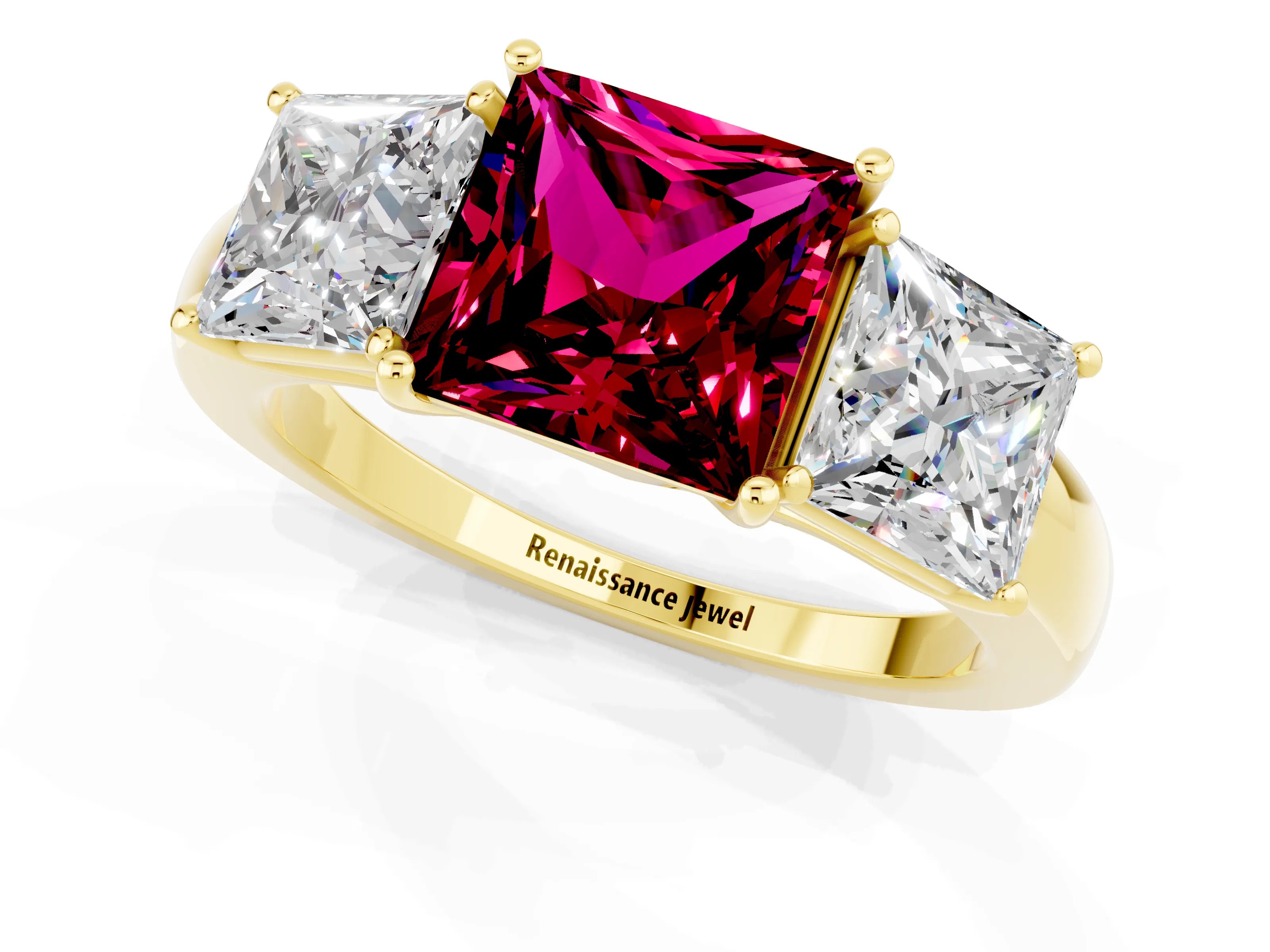 Yellow gold Princess Cut Garnet Three-Stone Ring with Four-Prong Setting and Classic Band_1