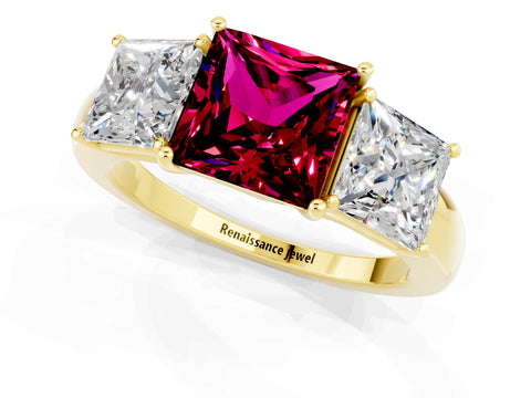 Yellow gold Princess Cut Garnet Three-Stone Ring with Four-Prong Setting and Classic Band_1